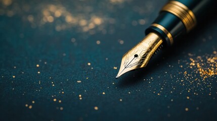 Luxurious golden fountain pen tip against an elegant dark background