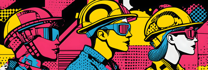 Vibrant Construction-Themed Artwork Highlighting Diverse Workers in Safety Gear