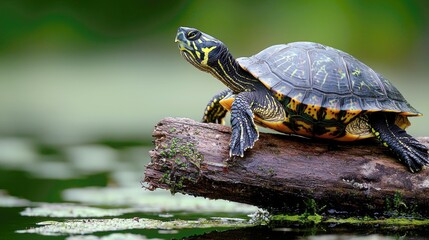 Fototapeta premium A turtle with a black and yellow shell sits on a log in a pond, basking in the sun.