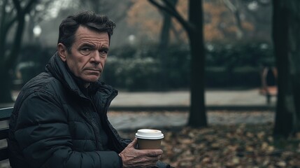 Fototapeta premium Middle-aged man with slight tremor holding cup of coffee on park bench, symbolizing struggle with Parkinson's disease, calm natural setting.