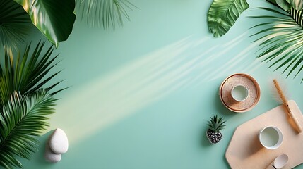Tropical Green Background with Sun Rays and Natural Elements
