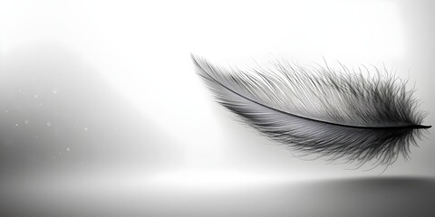 Fototapeta premium A delicate black feather floats gracefully against a soft, ethereal background, creating a serene and minimalist atmosphere.