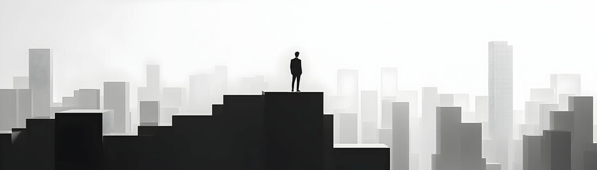 Urban Solitude: A Lone Figure Contemplating Among Vast Cityscape Silhouettes