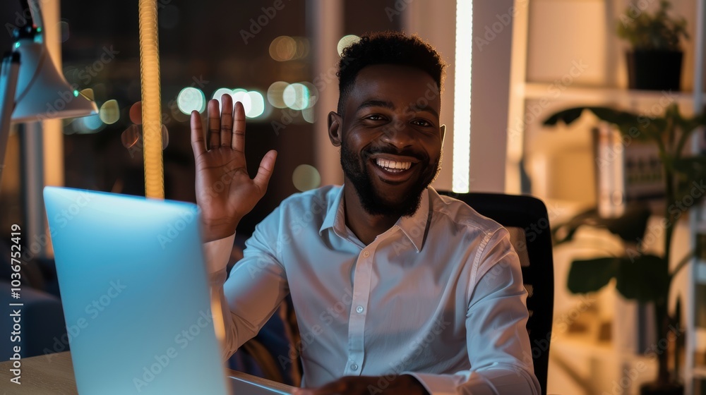 Poster man in office using hand gestures for virtual technology and ai, with laptop on desk and a network m