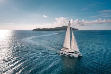 Obraz premium A pristine sailboat gently cruising across deep blue ocean waters 