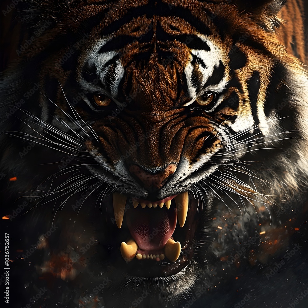 Poster Fierce Tiger Baring Teeth and Muscles Tensed for Pounce Radiating Primal Predatory Energy