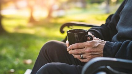 Fototapeta premium Middle-aged man with slight tremor holding cup of coffee on park bench, symbolizing struggle with Parkinson's disease, calm natural setting.