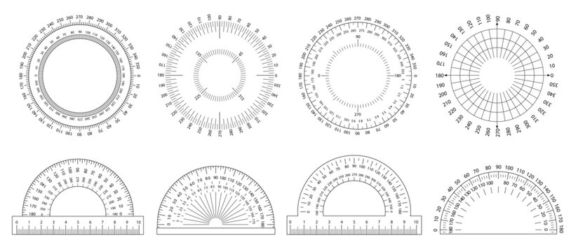Protractor ruler. Angle measurement tool, circular scale and semicircular protractor with ruler markings. Measuring circle with 360 and 180 degree coordinates vector set.