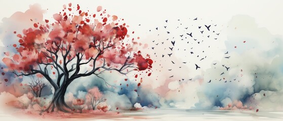 Fototapeta premium Serene Watercolor Landscape with Tree and Birds