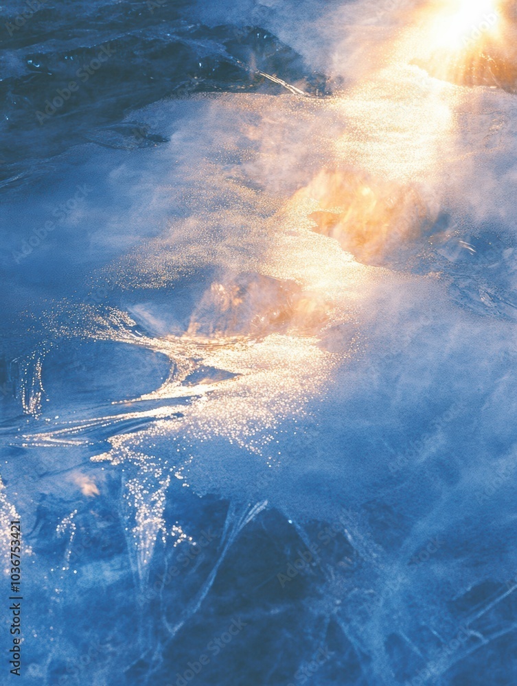 Poster Sunlight reflects off intricate snow textures, creating a stunning display on a frozen lake at dawn in a tranquil winter scene. Generative AI