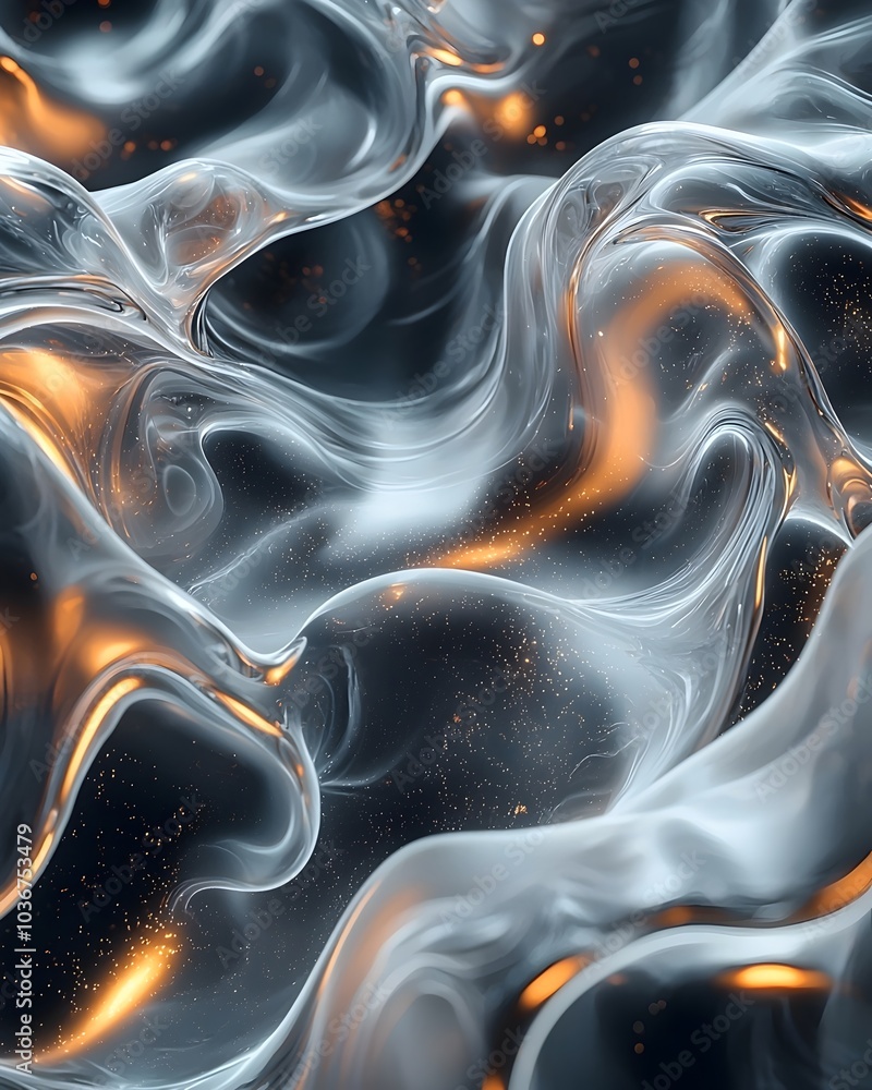 Poster a mesmerizing abstract composition featuring swirling gray and silver patterns accented with warm or
