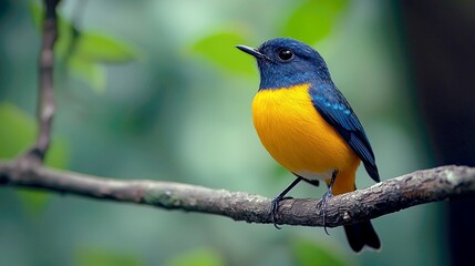 A vibrant blue and yellow bird perches on a branch, surrounded by lush greenery.