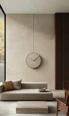 Minimalist living room with beige wall and clock.