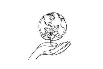 Earth with plant Continuous  line drawing, Eco and earth day concept
