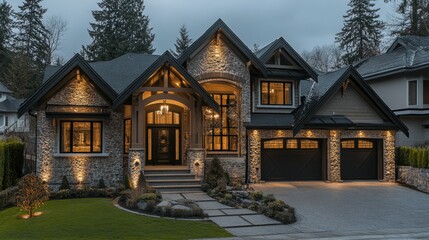 Elegant Suburban Home with Bright Exterior Lighting