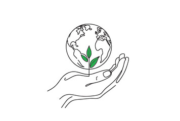 Earth with plant Continuous  line drawing, Eco and earth day concept
