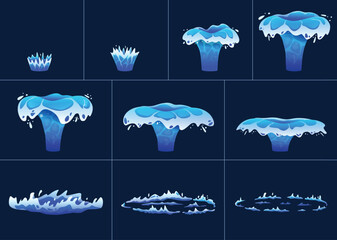Water crown splash animation. Dynamic burst and splashing droplets with rebound effect and circular ripple. Fluid motion animated frames sequence cartoon vector set.