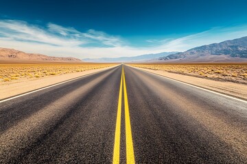 Fototapeta premium A Straight, Paved Road Extending Through a Desert Landscape Under a Blue Sky