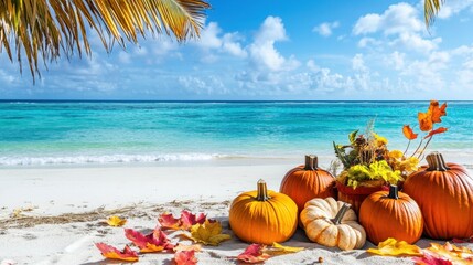 Pumpkin decoration on tropical beach under palm trees, autumn thanksgiving holiday special offer
