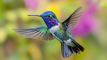 Fototapeta premium A vibrant hummingbird with iridescent blue, green, and white feathers hovers in mid-air with its wings spread wide against a blurred background of pink and yellow flowers.