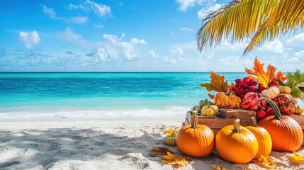 Pumpkin decoration on tropical beach under palm trees, autumn thanksgiving holiday special offer