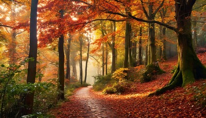 "An enchanting forest path during autumn, lined with trees showcasing vibrant fall foliage in shades of red, orange, and yellow. Soft sunlight filters through the leaves, casting dappled shadows on th
