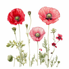 Obraz premium botanical illustration of opium poppies on white background