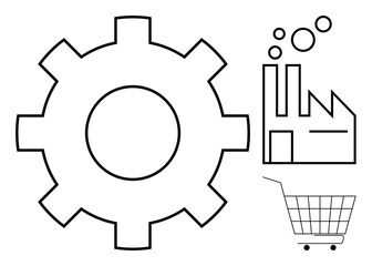 Large gear, factory outline with chimneys, and shopping cart outline. Ideal for themes of industry, manufacturing, production, commerce, technology. Simple, clean, modern line art style