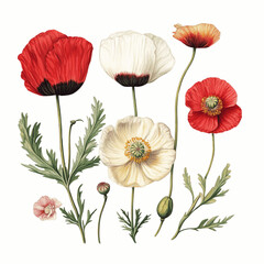 botanical illustration of opium poppies on white background