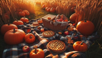 Warm Autumn Picnic in a Pumpkin Patch at Golden Hour