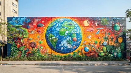 A vibrant mural depicting Earth surrounded by various natural elements.