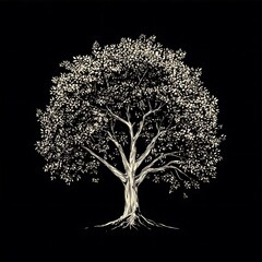 Hand-drawn sketch of a tree with a thick trunk and intricate branches on a black background.