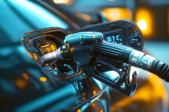 A close-up of a fuel nozzle inserted into a car's gas tank.