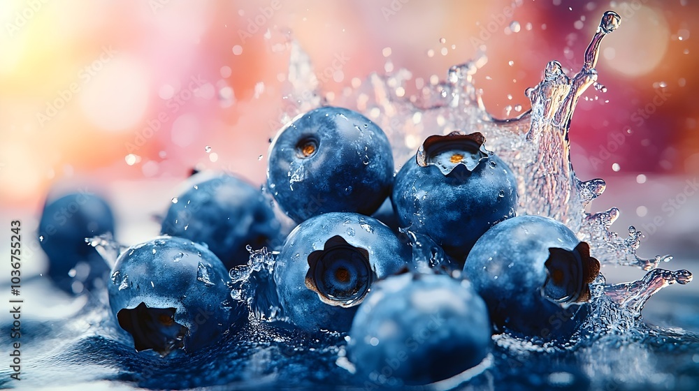 Poster close-up of fresh blueberries splashing into water, creating dynamic droplets and waves, with a colo