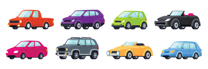 Cartoon cars. Pickup truck, mini car, convertible coupe, sedan, SUV and off road hatchback vehicles. Playful automotive isolated vector illustrations set.