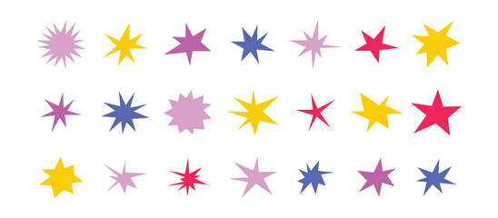 Sharp stars shapes set. Bright irregular sparks, colorful twinkles. Abstract edgy sparkle and stars elements pack. Asymmetry forms