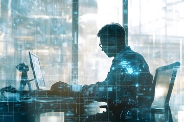 Silhouetted Figure Working at a Desk with Digital Overlays