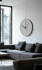 Modern living room with gray couch and clock.
