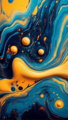 Abstract Fluid Art. Acrylic Paints. Yellow, Blue, Black Colors Mixing. Abstract Background.