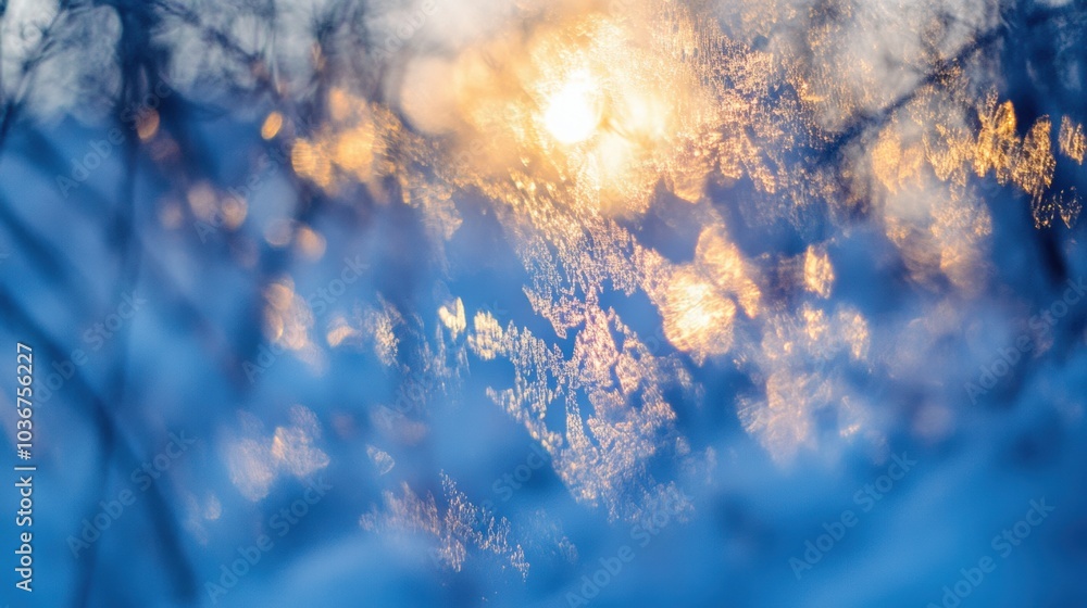 Poster warm sunlight illuminates delicate snow textures, creating a tranquil atmosphere in a winter landsca
