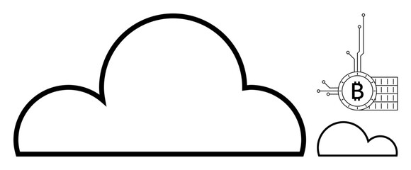 Large cloud shape at left with Bitcoin symbol near circuit-like design on right reflecting data storage and Cryptocurrency. Ideal for technology, finance, digital applications, cloud computing