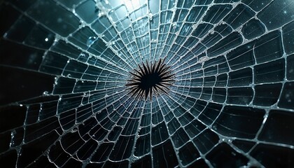 Background with an intricate spider web pattern of cracked glass on a dark background, symbolizing fragility and resilience