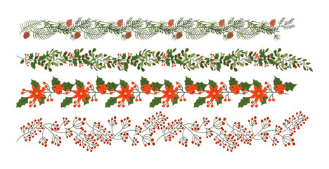 Festive Christmas garlands flat color vector objects set. Borders for invitations and greeting cards illustrations pack on white background © ApoevArt