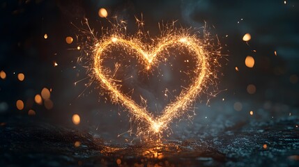Heart-shaped sparkler trails forming a glowing heart: 3D rendering of sparklers creating a glowing heart shape in the air with soft glowing light