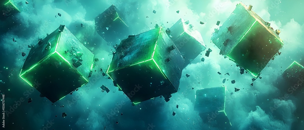 Aufkleber a captivating scene featuring floating, illuminated green cubes amidst a cosmic cloudscape, creating