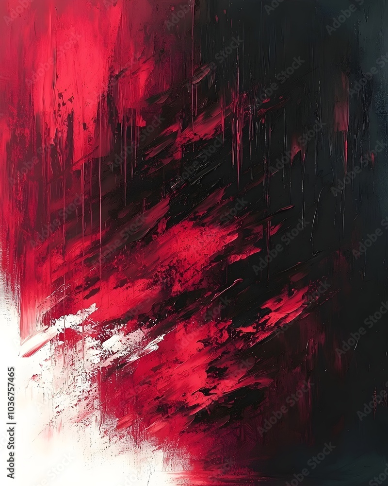 Poster an abstract painting featuring bold strokes of red and black, creating a dramatic and expressive moo