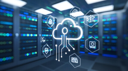 digital disaster recovery system in a futuristic server room, backup, data recovery plan, cloud backup concept.