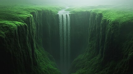 A misty waterfall cascades down a lush green cliff face.