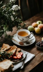 Fototapeta premium A rustic table setting with tea, toast, fruit, and berries.