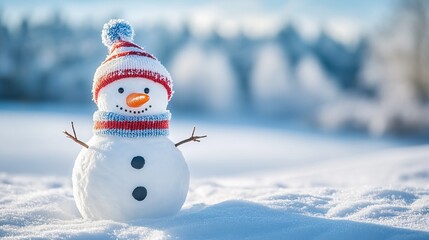 Fototapeta premium A cute snowman with hat and scarf standing outdoors on a snowy day